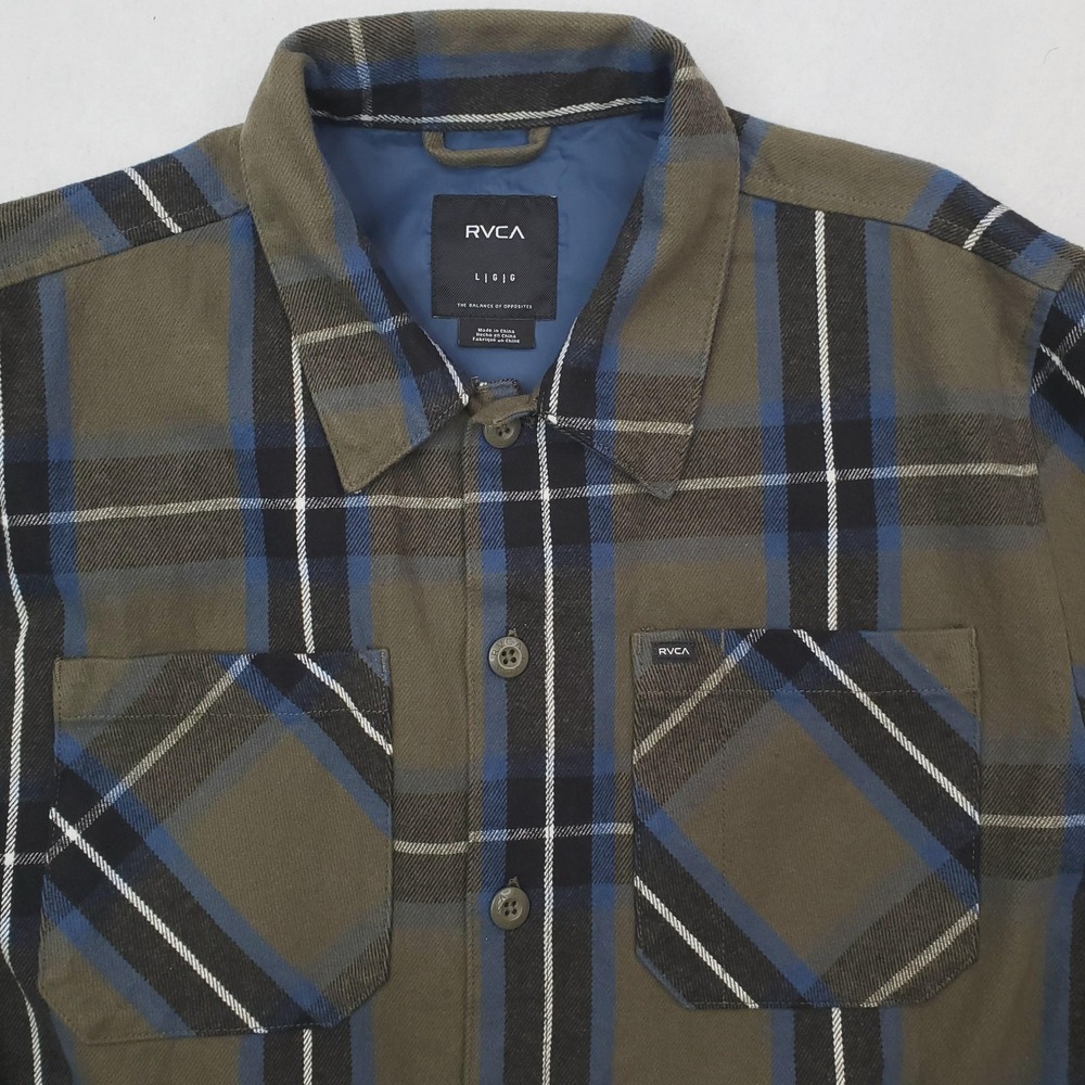 RVCA Shirt Jacket Mens Large Green Blue Plaid Lined Flannel Shacket Button Front - Picture 2 of 12